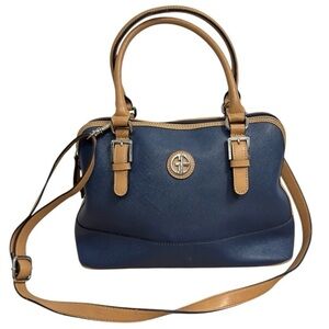 Giani Bernini Blue Tan Saffiano Dome Satchel Faux Leather Shoulder Crossbody Bag